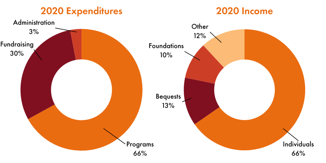 Two donut charts. Left: 2020 Expenditures – Programs 66%, Fundraising 30%, Administration 3%. Right: 2020 Income – Individuals 66%, Bequests 13%, Foundations 10%, Other 12%.