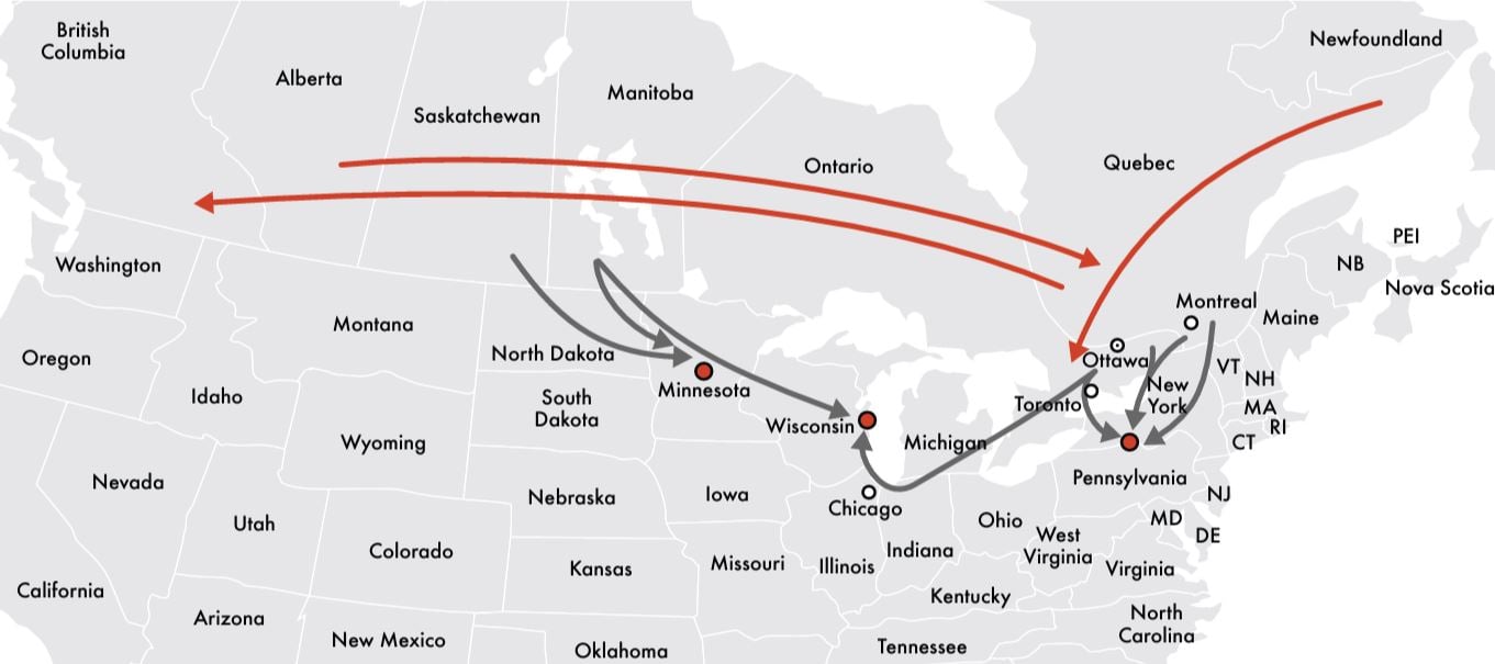 Transport routes of culled cows in Canada (red arrows) and from Canada to the U.S. (grey arrows). 