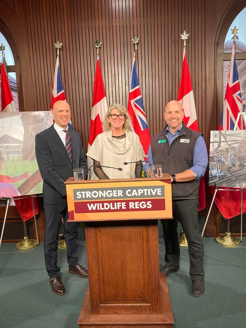 Colin Saravanamuttoo, Executive Director, World Animal Protection, Lucille Collard, MPP for Ottawa-Vanier, and Dolf DeJong, CEO, Toronto Zoo, introducing the Captive Wildlife Protection Act, 2024.